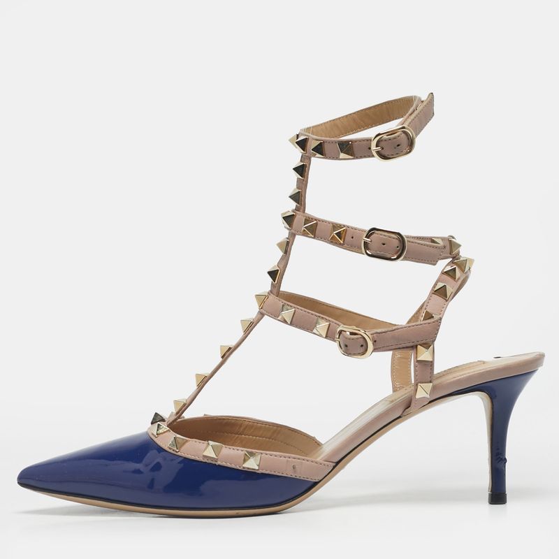 Valentino Rockstud Size 40 Navy Blue Leather And Patent Leather Pumps